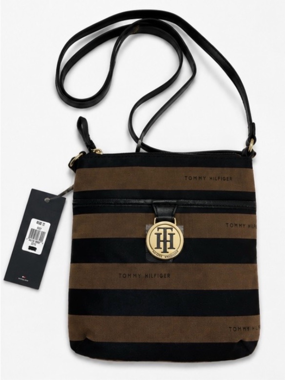 Tommy Hilfiger Black Brown Striped Crossbody Bag Gold Logo NWT